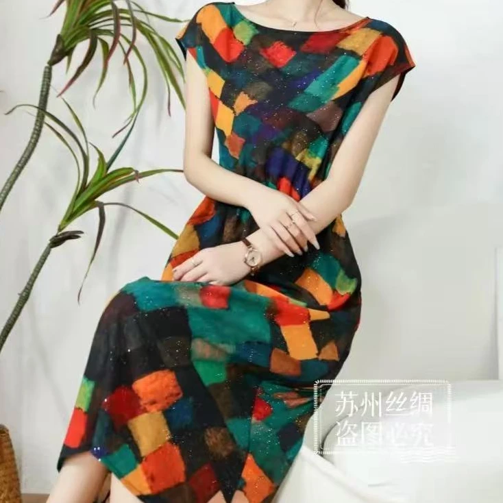 955【菱型格】高端订制连衣裙 休闲女士夏季复古宽松