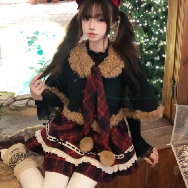 【圣诞恋歌】秋冬收腰显瘦学院风甜美圣诞假两件格纹套装