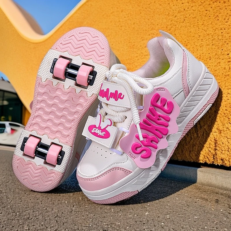 2025新款时尚6-12岁皮面女童暴走鞋男童鞋轮滑鞋透气四轮防滑耐磨