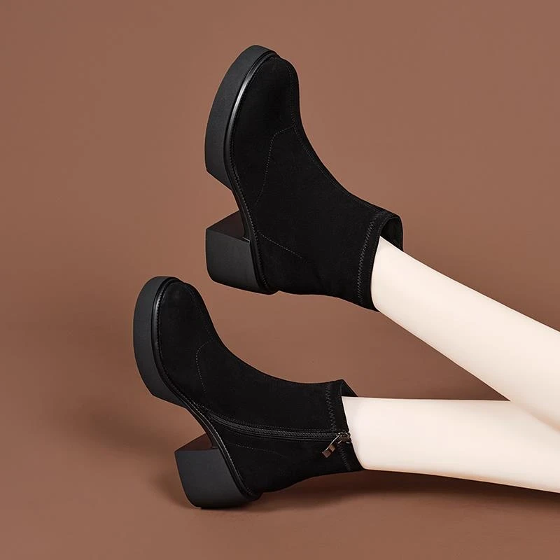 厚底高跟短靴女2025新款秋冬真皮粗跟单靴磨砂皮靴子秋冬加绒女鞋