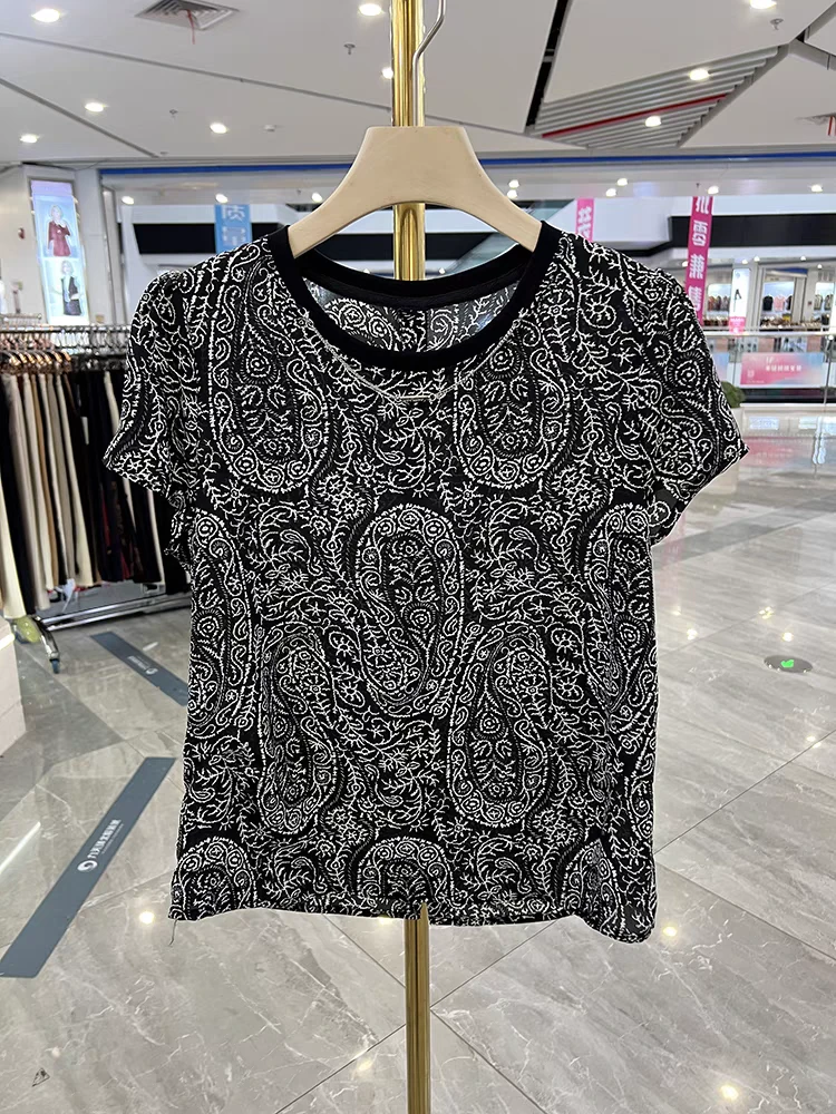 夏季新款爆腰果花薄款时尚洋气百搭宽松凉爽流行短袖小衫