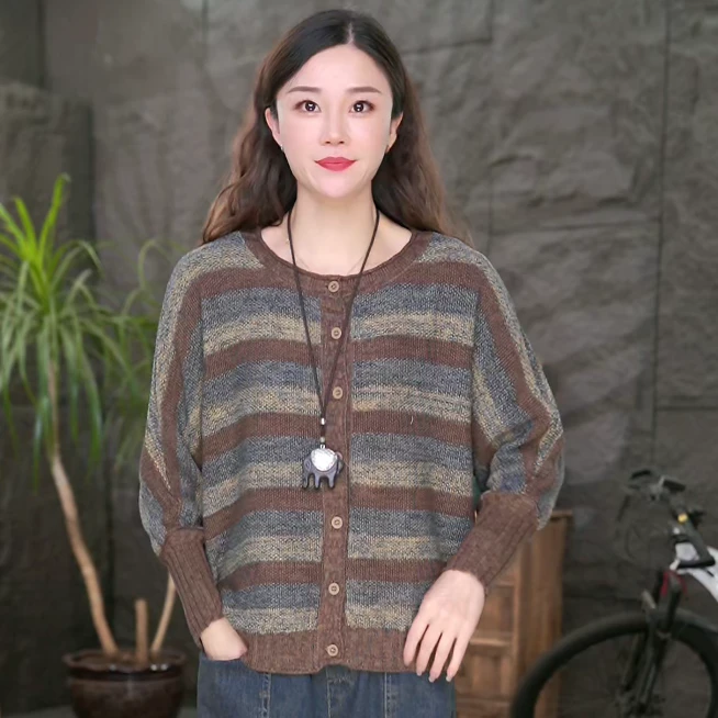 【开衫毛衣条纹】女装长袖秋冬气质宽松针织衫复古百搭上衣GG