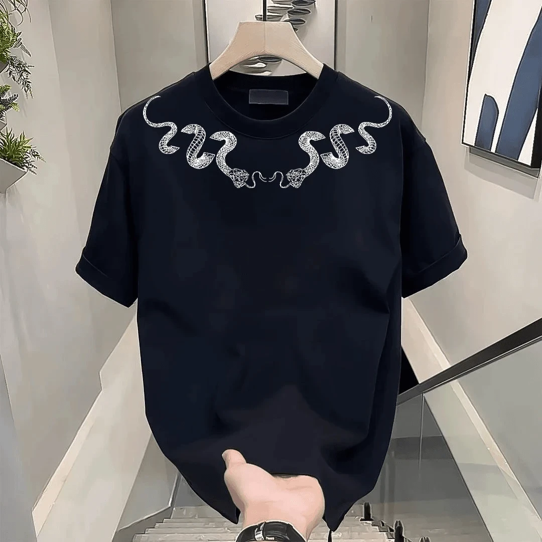 纯棉印花宽松半袖简约黑色蛇围领短袖T恤百搭休闲夏季国潮上衣