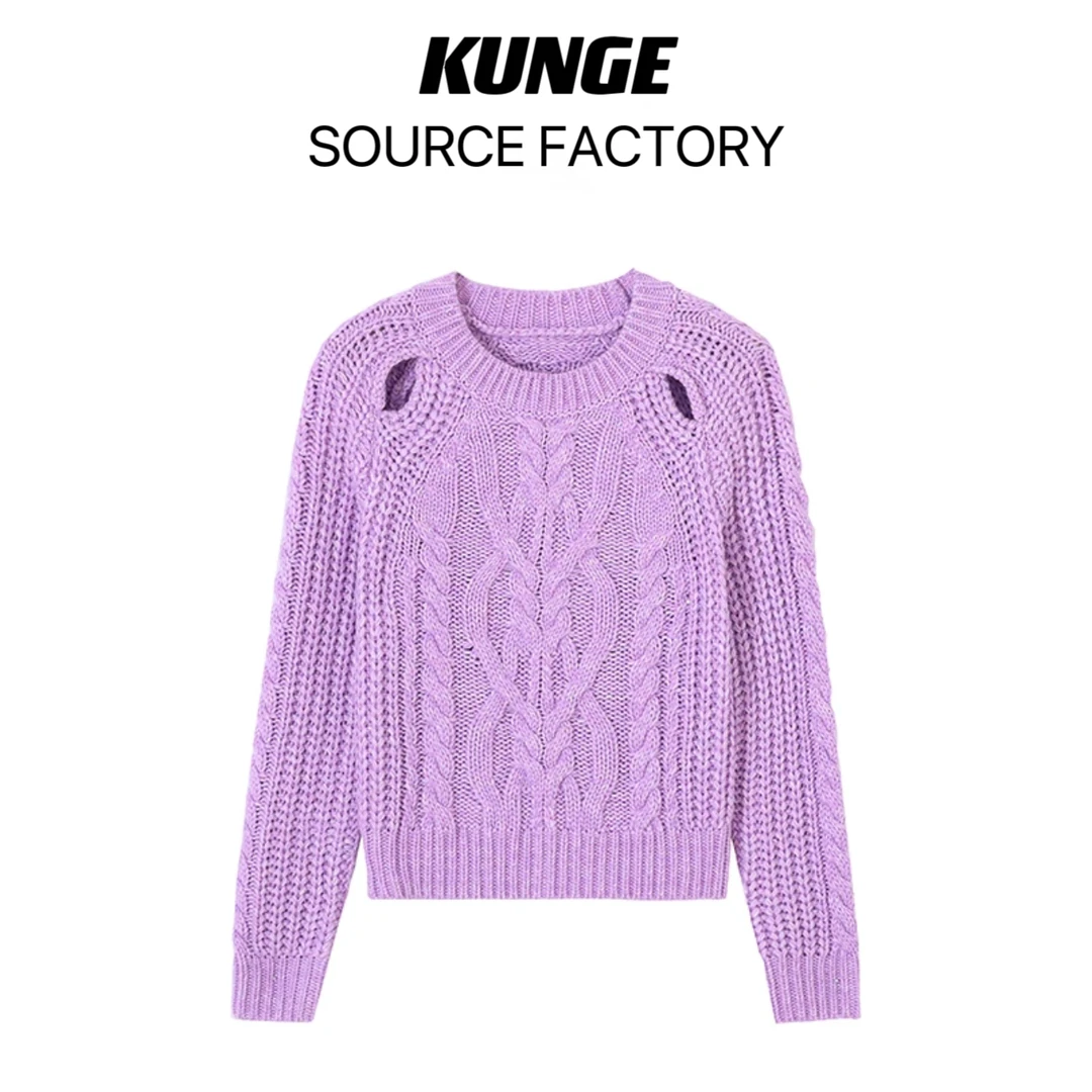 KUNGE圆领镂空轻奢百搭长袖套头毛衣时尚网红宽松针织衫女-3021