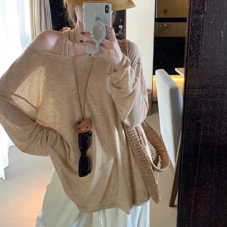 慵懒松弛感薄款背心长袖T恤两件套女春秋新款设计感防晒罩衫百搭