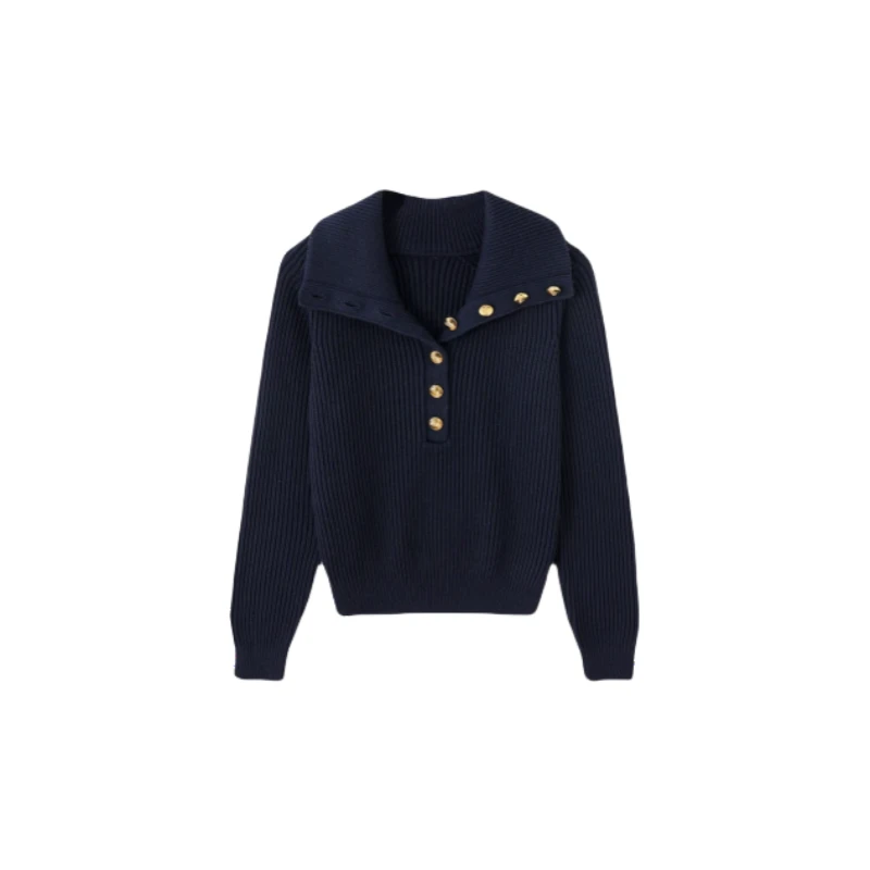 长袖时尚百搭连帽设计师圆领翻领套头针织衫-8580