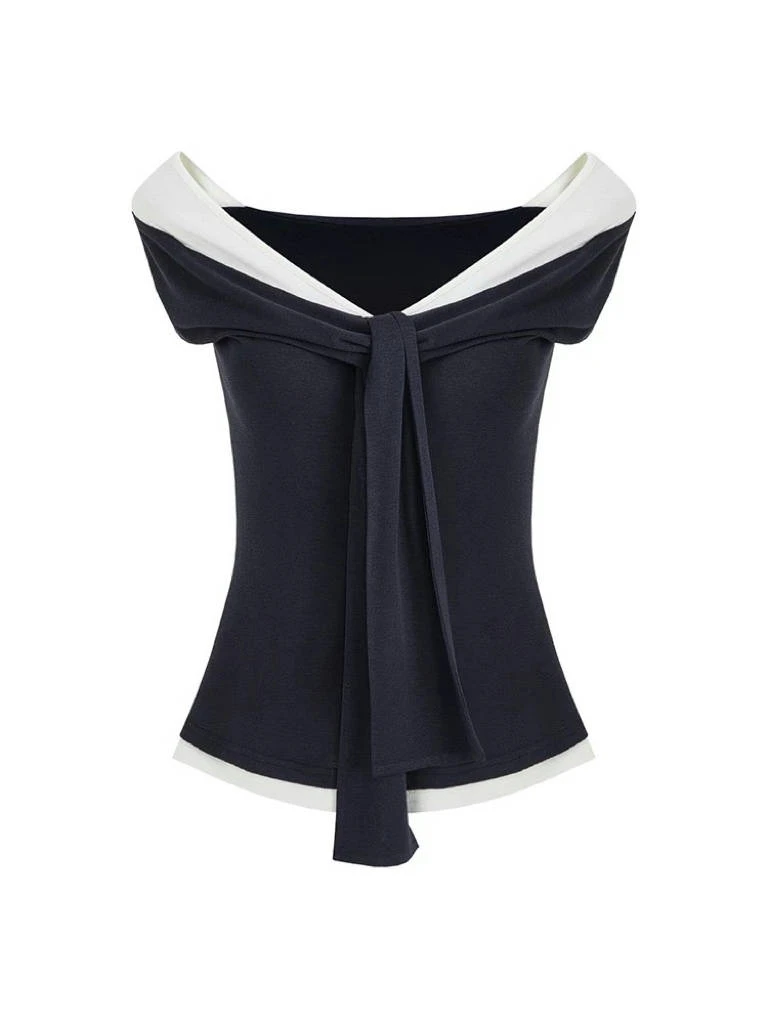 撞色一字肩T恤女夏季20025新款高级感修身气质露肩上衣