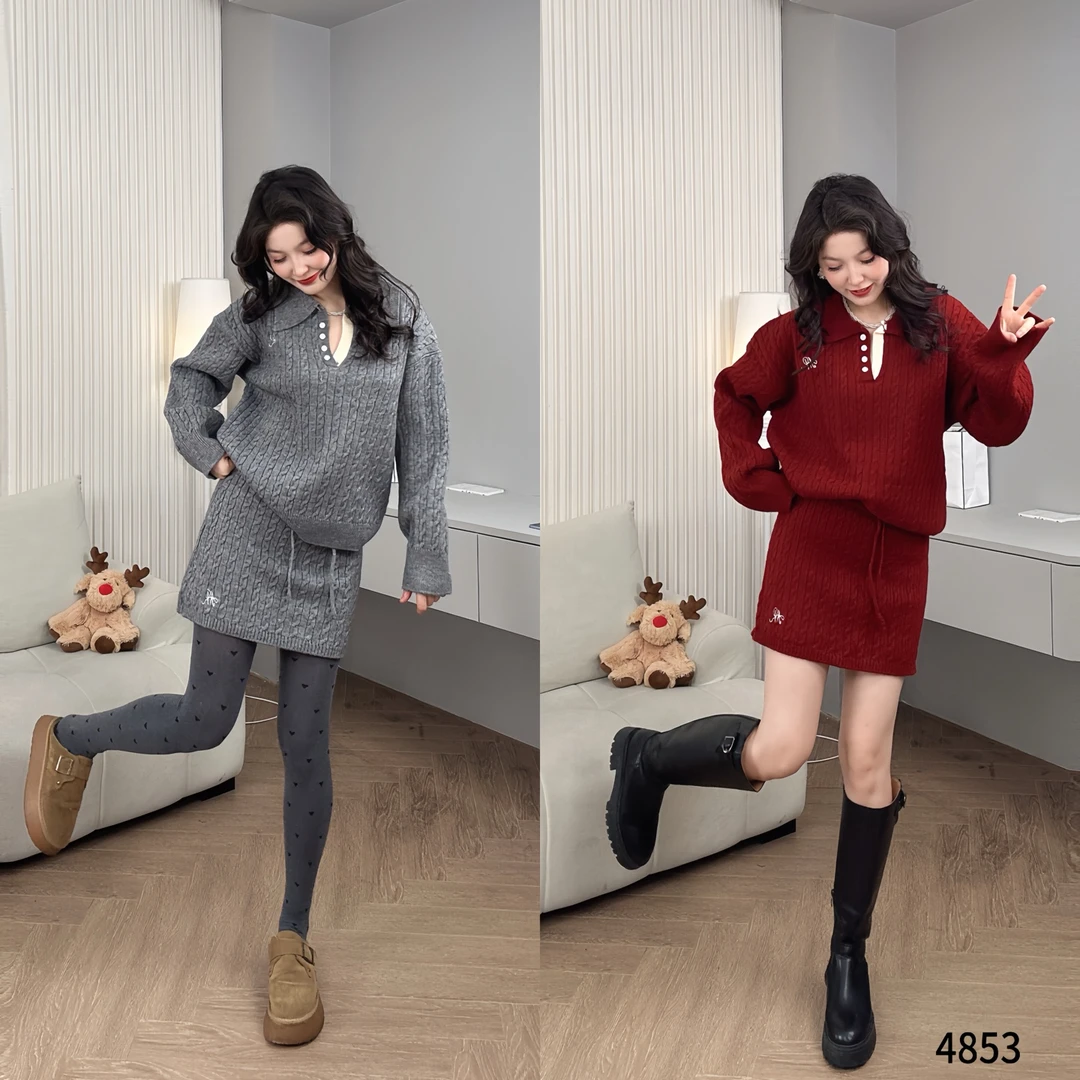 Saeda设计感撞色翻领毛衣短裙套装女秋冬时尚洋气两件套YF4853