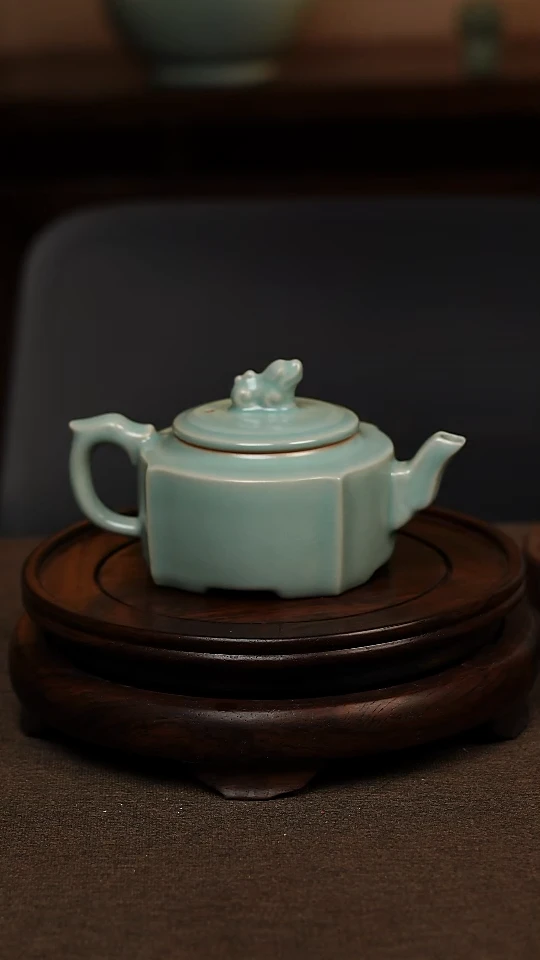 瓷片仿古天青手工四方壶200ml 微瑕 不带礼盒