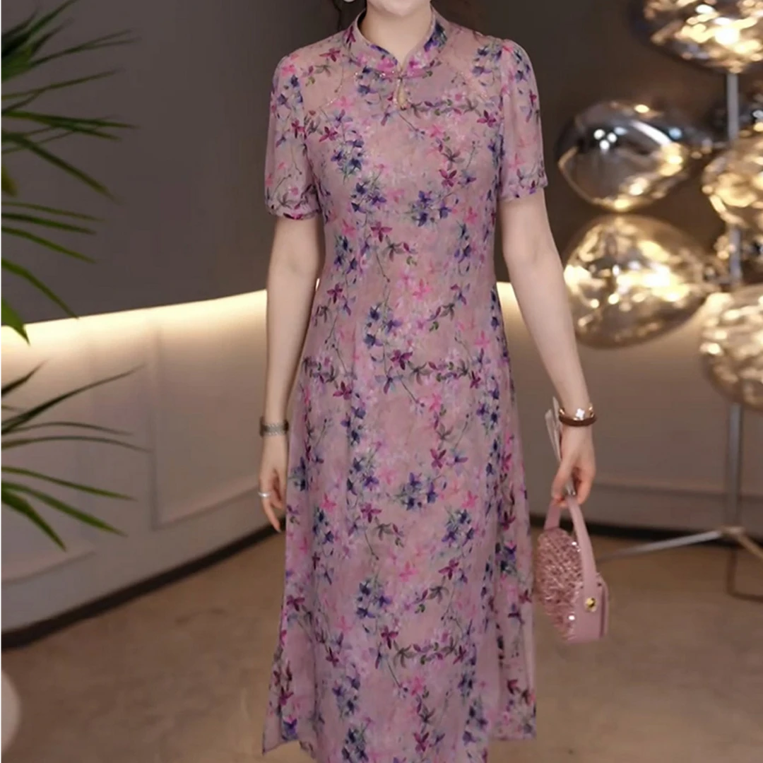 2025年夏季新款中国风女人味复古减龄显瘦百搭印花改良旗袍连衣裙