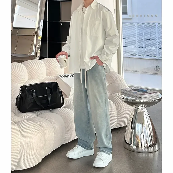 啄木鸟男人的衣柜新夏季薄牛仔裤男女款休闲百搭宽松浅色复古垂感