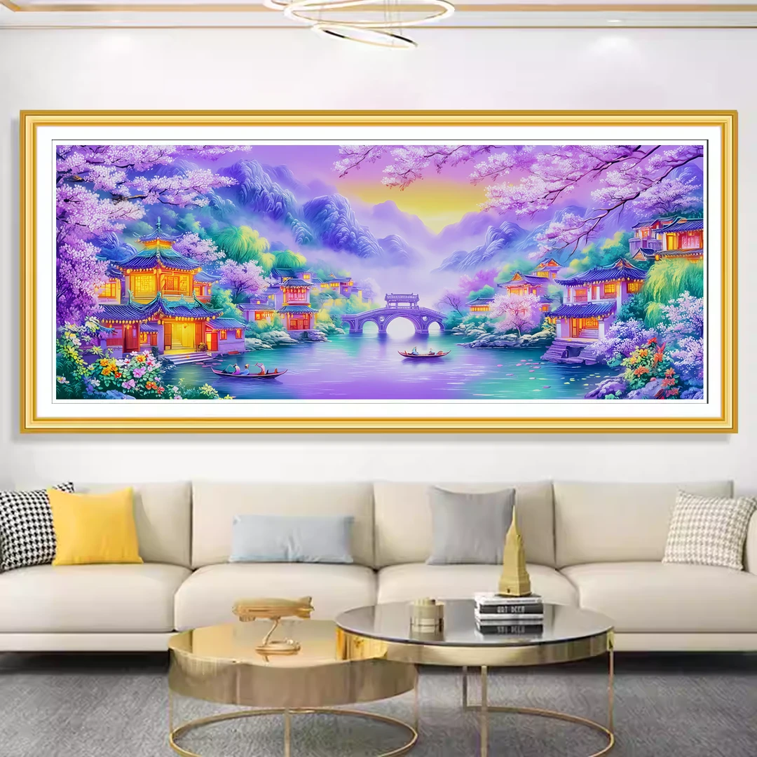 美初十字绣紫韵江南梦里江南紫气东来高端客厅沙发背景装饰画线绣