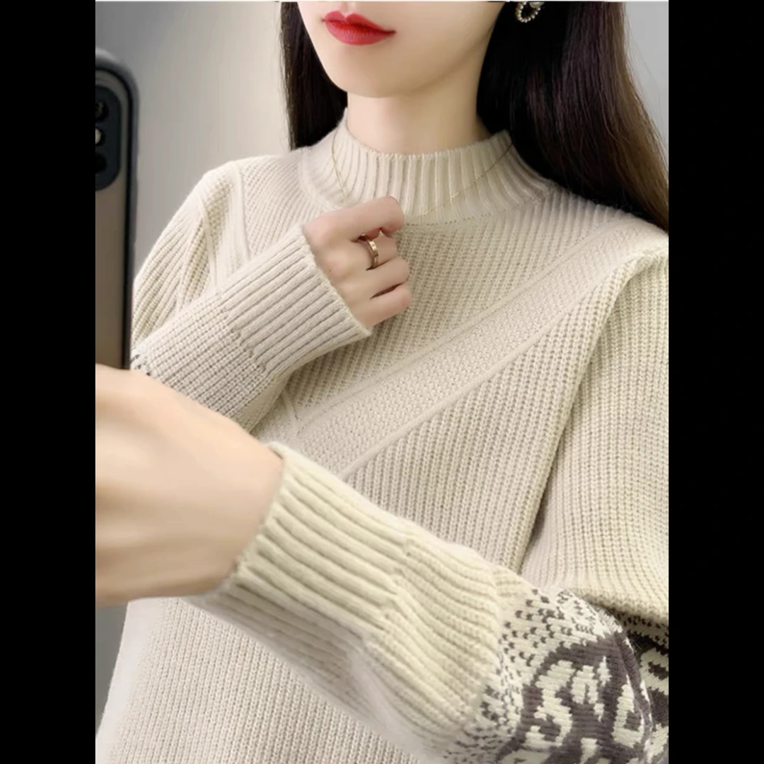 【米色双袖提花毛衣】秋冬新款半高领毛衣女套头宽松外穿长袖针织衫