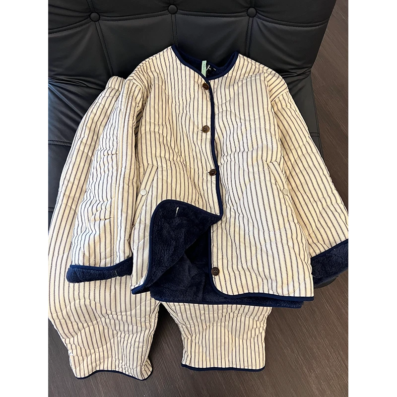 韩版ins简约条纹加厚夹棉睡衣女冬季2025新款加绒舒适家居服套装