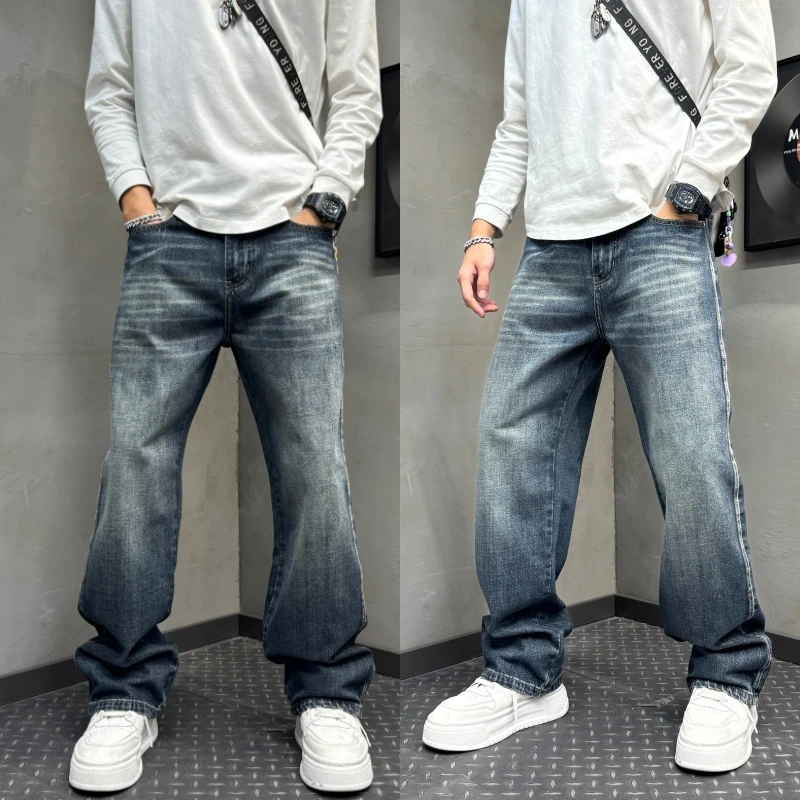 高街复古大码牛仔长裤宽松直筒微坠感猫须做旧潮男修身百搭老爹裤