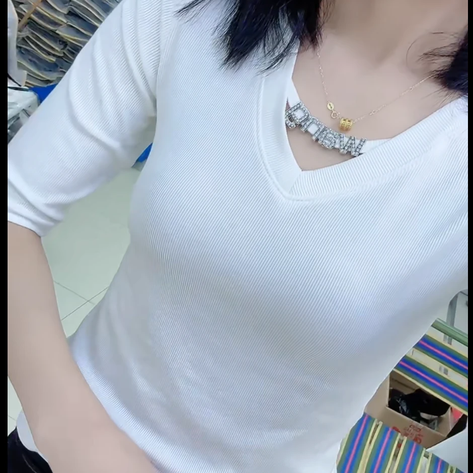 欧货百搭螺纹五分中袖t恤女上衣春季款修身时尚内搭打底小衫2481