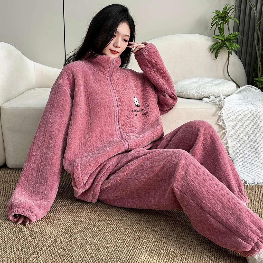 珊瑚绒双面绒睡衣大码胖mm冬200斤宽松加绒加厚家居服女冬季套装