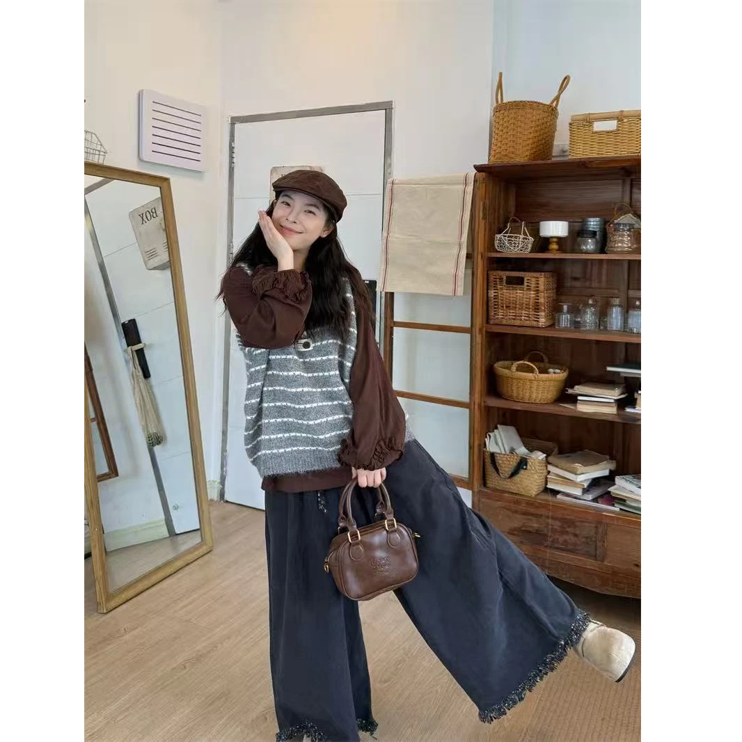 街头风时尚条纹宽松型背心假两件网红吊带复古时尚套装-72