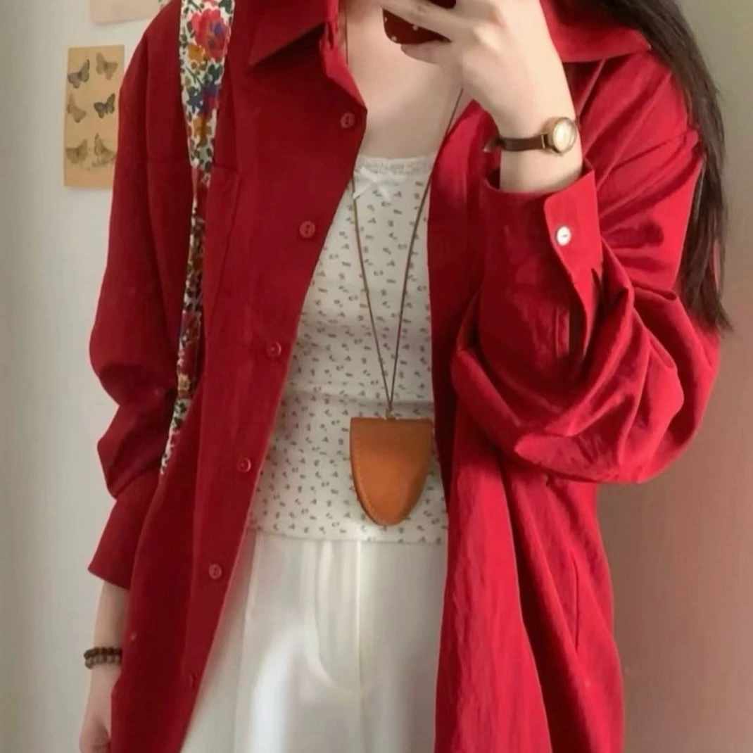 红色爆款长袖纯棉衬衫女春秋季慵懒显白衬衣通勤外套宽松休闲上衣