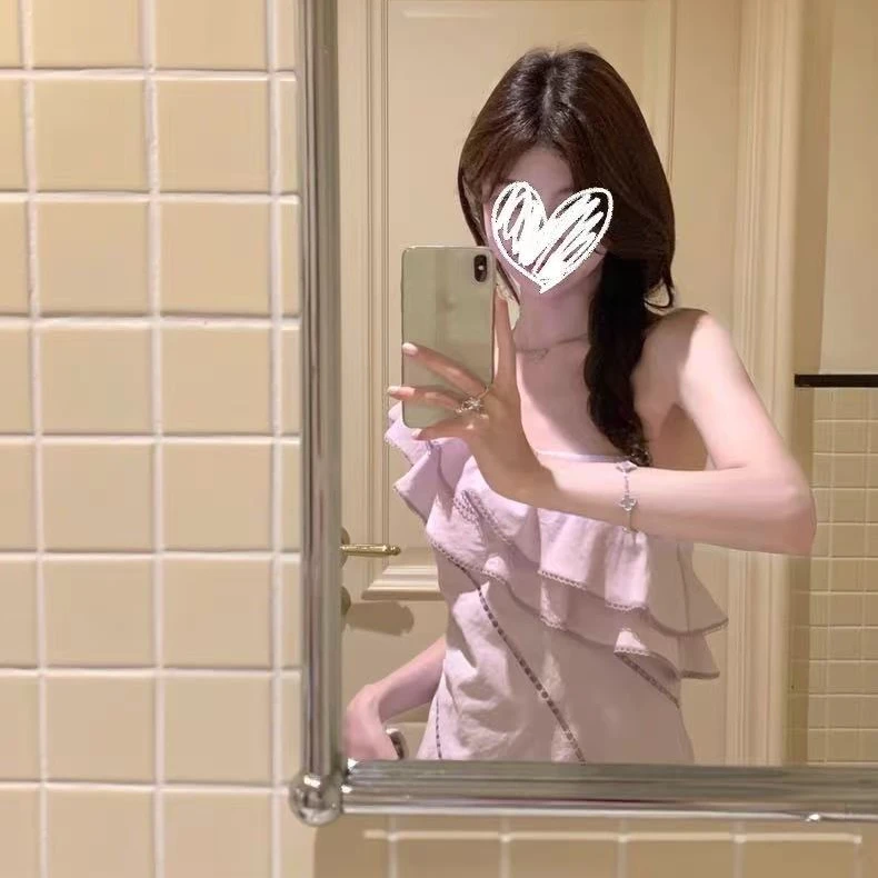 美女氛围感 斜肩荷叶边连衣裙女夏海边度假风修身显瘦裙子