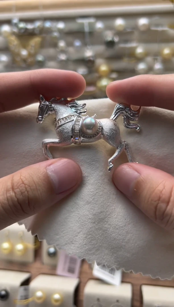 合金胸针海水珍珠8mm正圆海水真多麻马到功成胸针