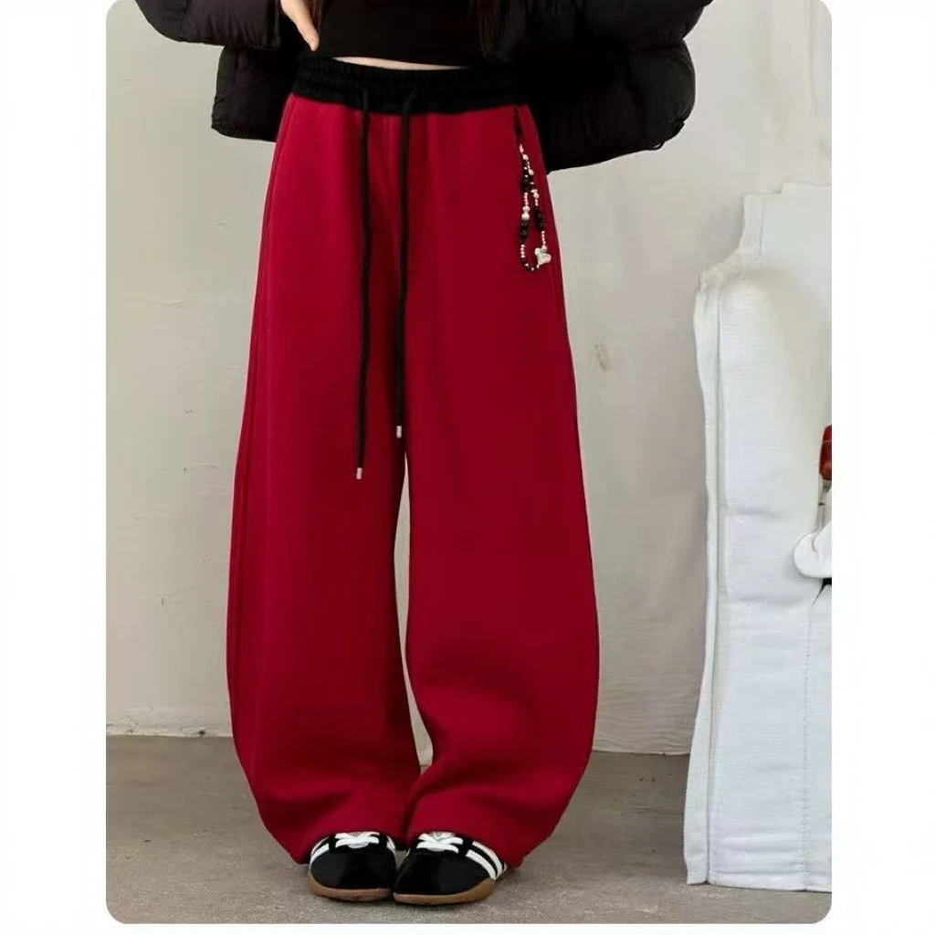 女童2025冬季新品中大童韩版休闲百搭红色香蕉裤加绒长裤 255109