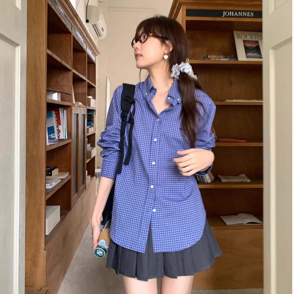 【清货】2025春季新款蓝色格子衬衫女设计感小众宽松时尚休闲上衣