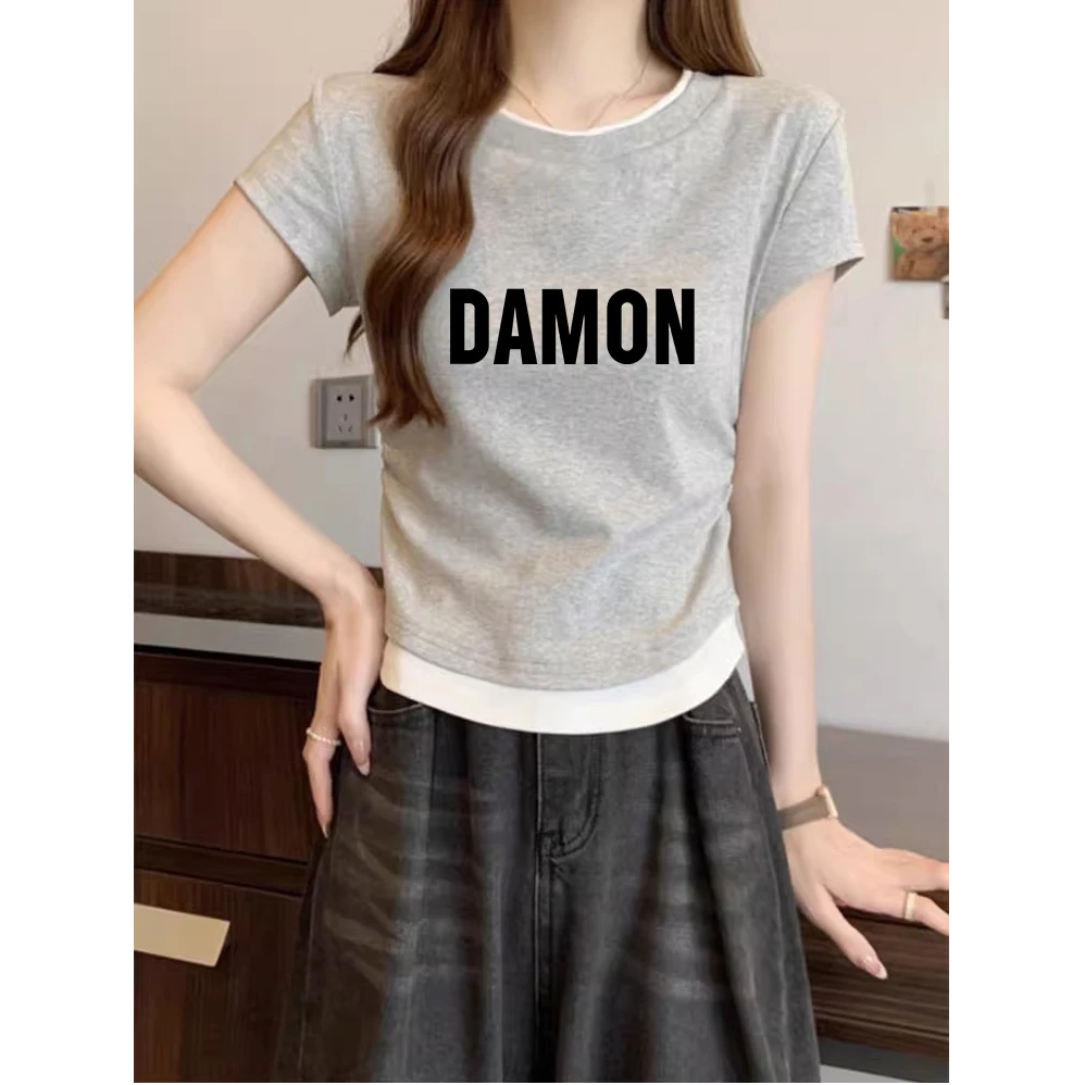 正肩圆领纯棉短袖T恤女2025新款假两件褶皱收腰短款修身上衣夏季