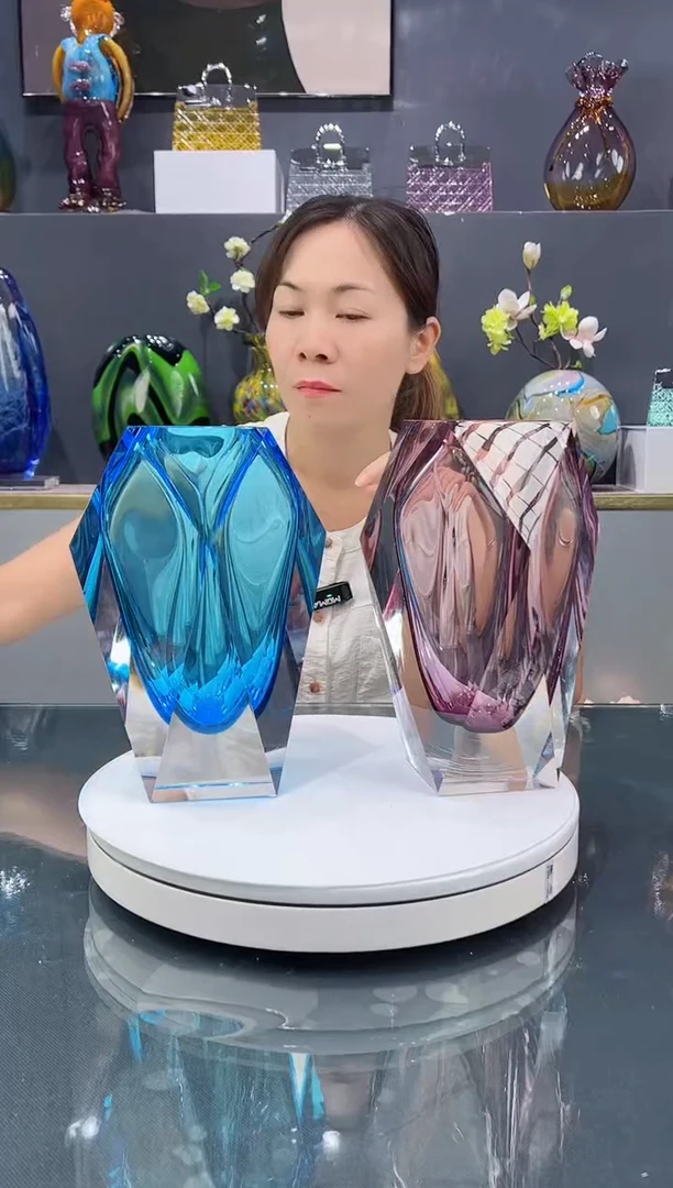 琉璃手工艺品H****g水晶琉璃花瓶1对蓝色+紫色