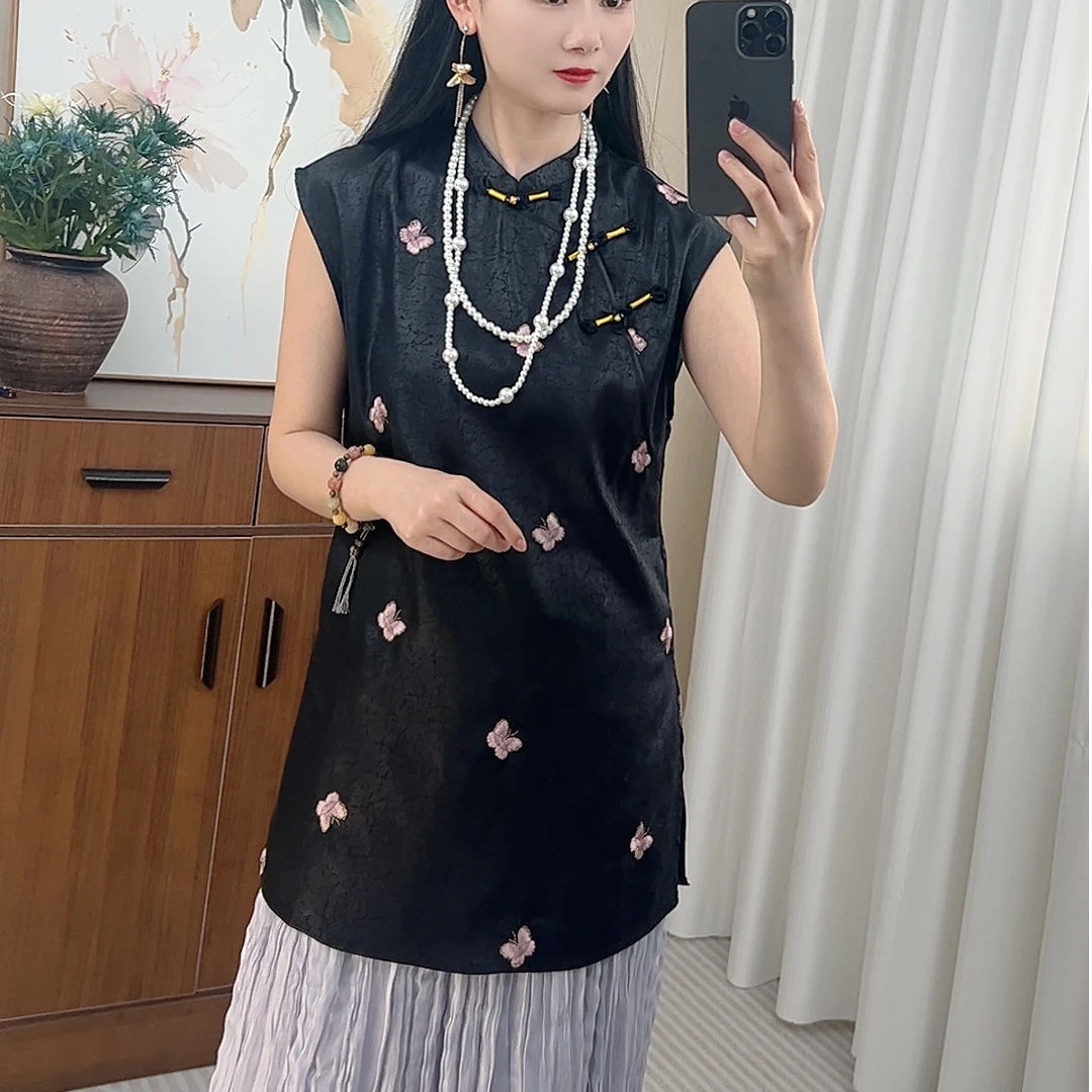 《蝴蝶马甲》新中式中长款重工刺绣斜襟盘扣国风复古薄款夏季马甲女