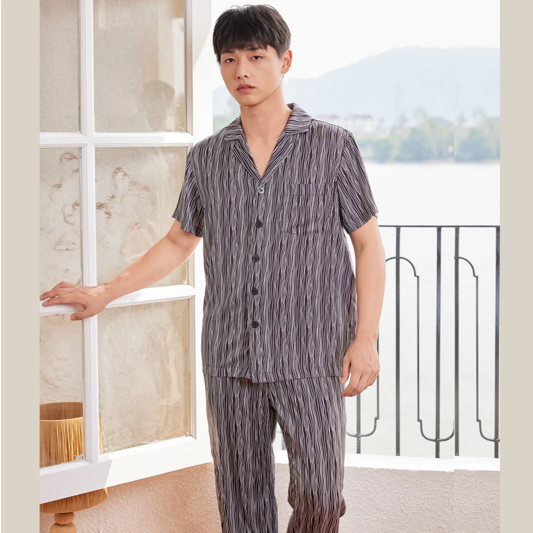 flossy弗劳思男士夏季夏云纱短袖长裤时尚家居服套装JX106