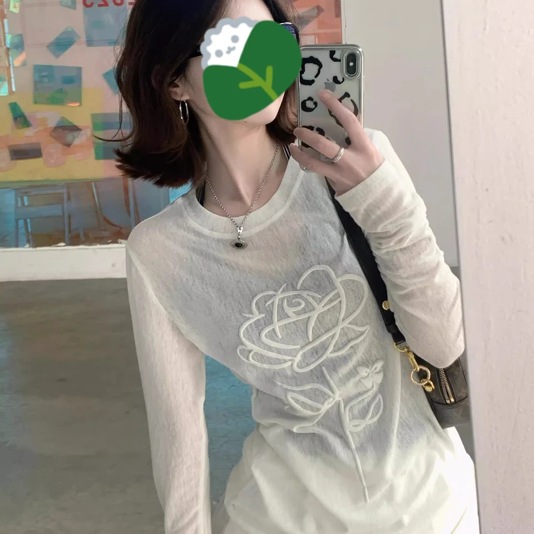 【工厂直播】立体发泡印花薄感长袖T恤夏季百搭透气修身防晒衫上衣