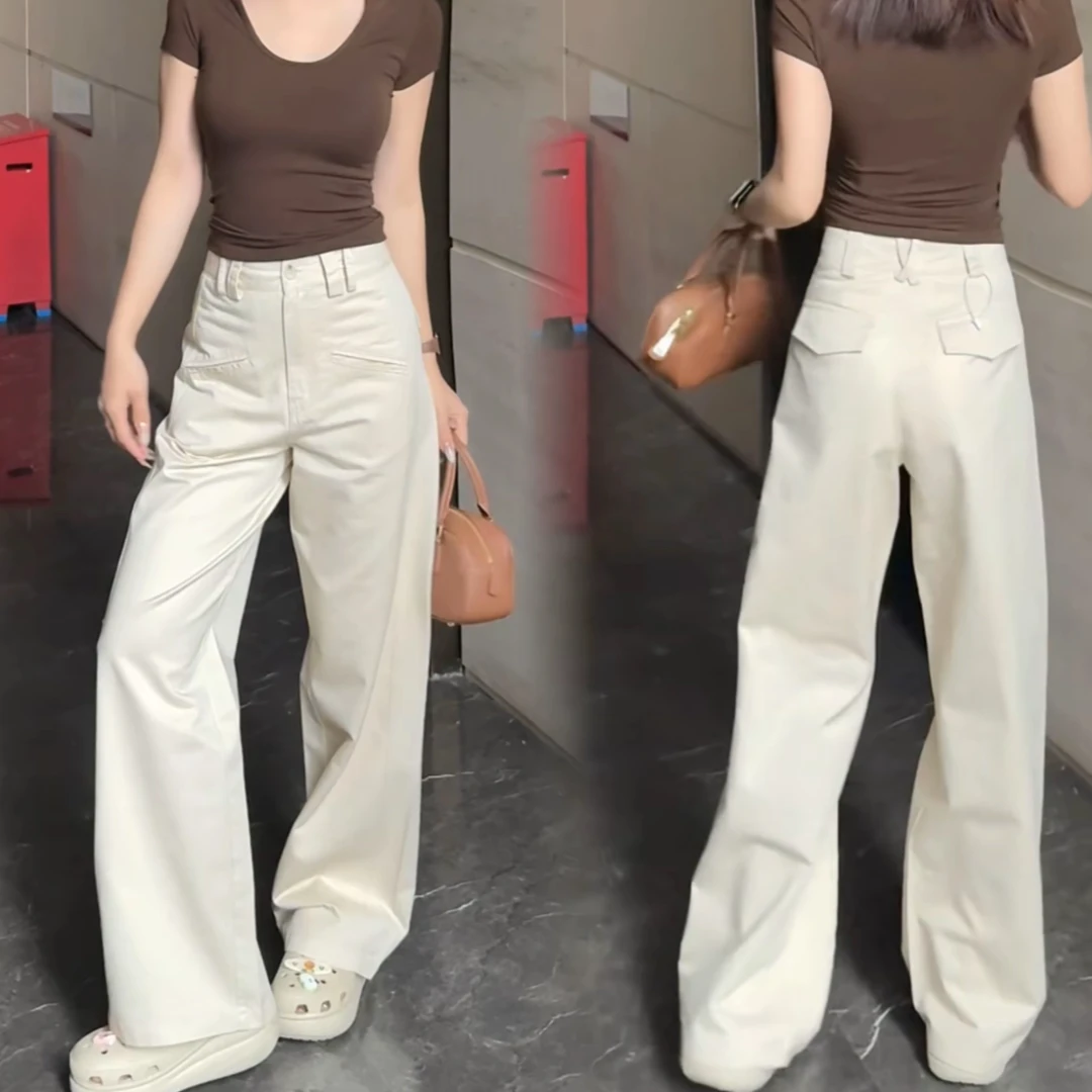 春夏新款韩版高腰斜插袋白色直筒阔腿裤宽松小众设计小个子显瘦