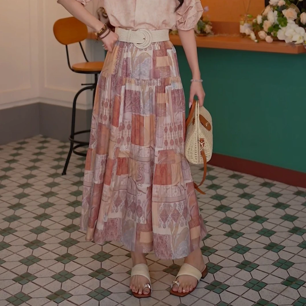 丁佳欣【旧报】气质复古印花显瘦高腰百搭半身裙DS1114237