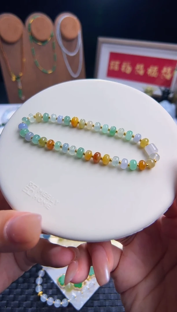 足金镶嵌手串翡翠冰种浓色多宝渐变！卡5.5鼓珠设计款！强推！大漏
