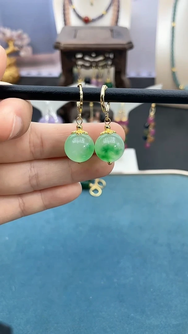 软玉14K金镶嵌耳饰14mm海草绿耳包