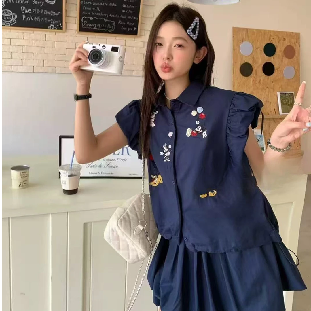 大码胖MM时尚套装夏季卡通刺绣衬衫花苞裙套装脏脏风工装风