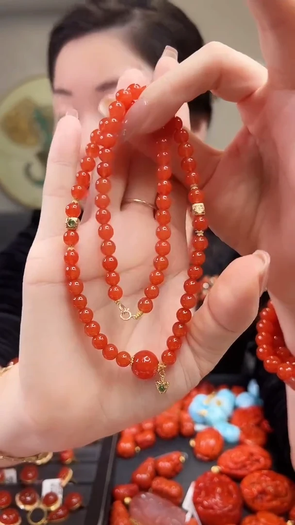 未镶嵌冰红圆珠项链南红玛瑙6mm/11mm/45cm/18K金设计款