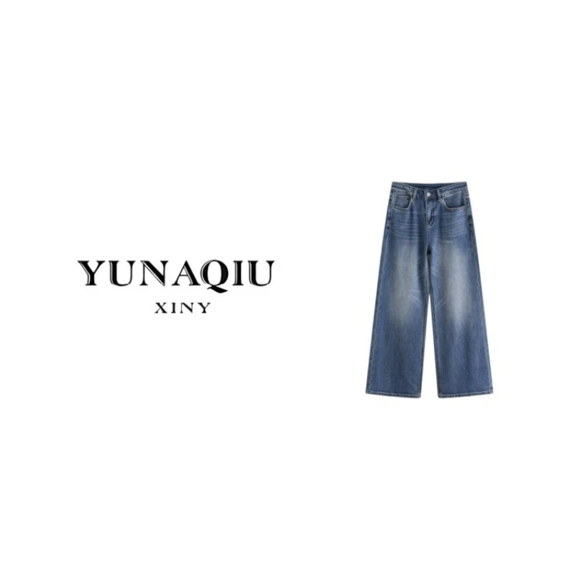 YUNAQIU-直筒复古宽松水洗做旧牛仔裤-9831