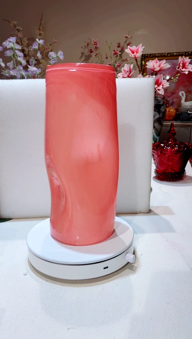 【闪购商品】琉璃手工艺品直筒西瓜红异形花瓶 微瑕