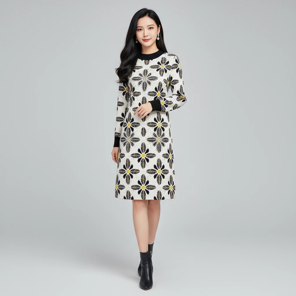 时尚轻奢印花新款显瘦中长款气质长袖连衣裙女款爆款2025新款