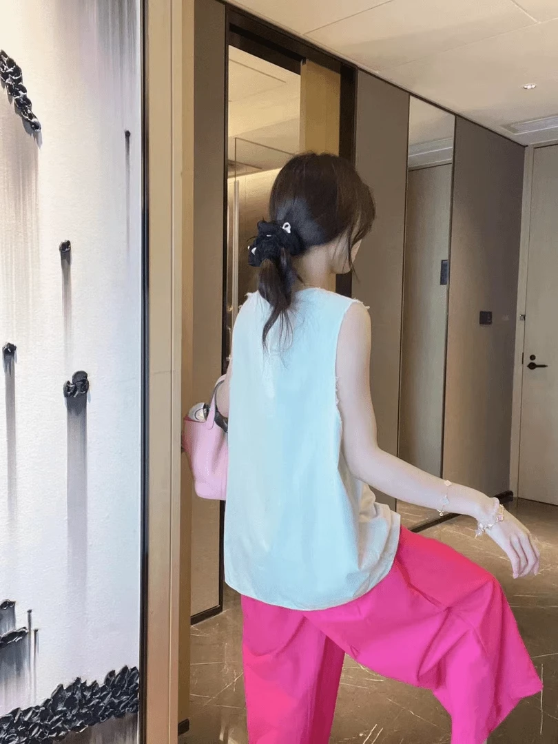 纯色毛边无袖宽松圆领百搭中长款背心上衣#12704