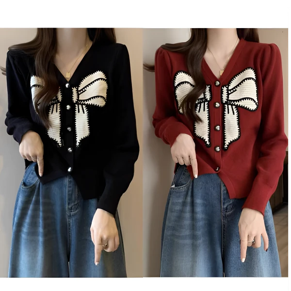 2025年春季新款时尚V领韩系气质蝴蝶结显瘦长袖设计感上衣 0705