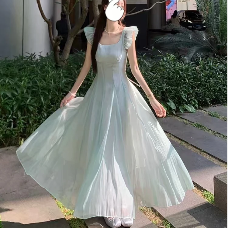 方领连衣裙裙法式礼服显瘦收腰长裙仙女裙小众气质小个子初恋温柔
