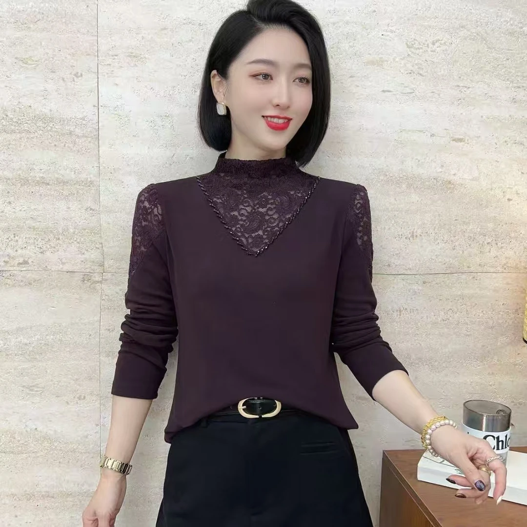 【韩紫朵 】2025新品气质蕾丝拼接洋气时尚长袖修身显瘦9020