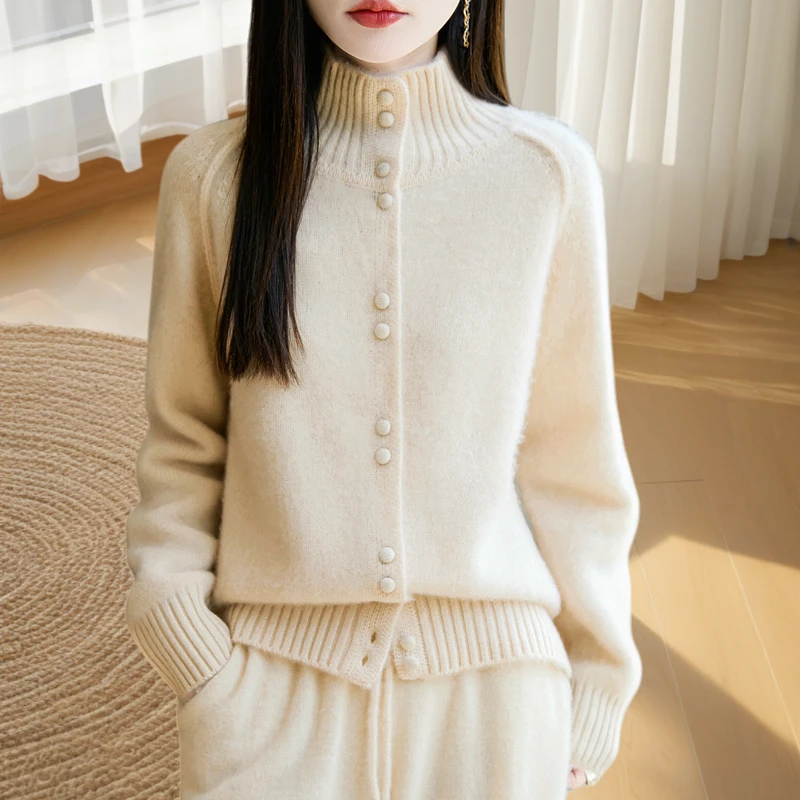 秋冬加厚立领纯羊毛衫女针织开衫重磅毛衣外套宽松羊毛打底衫上衣