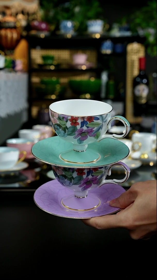 花扬杯碟：紫色+绿色