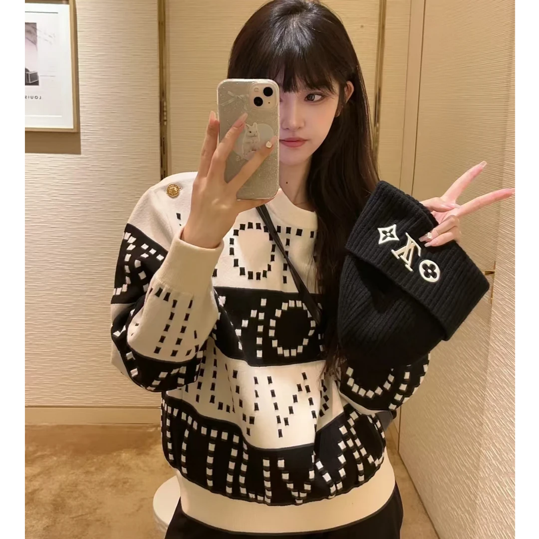 未使用 LouisVuitton/路易威登 条纹logo针织圆领长袖黑白/M