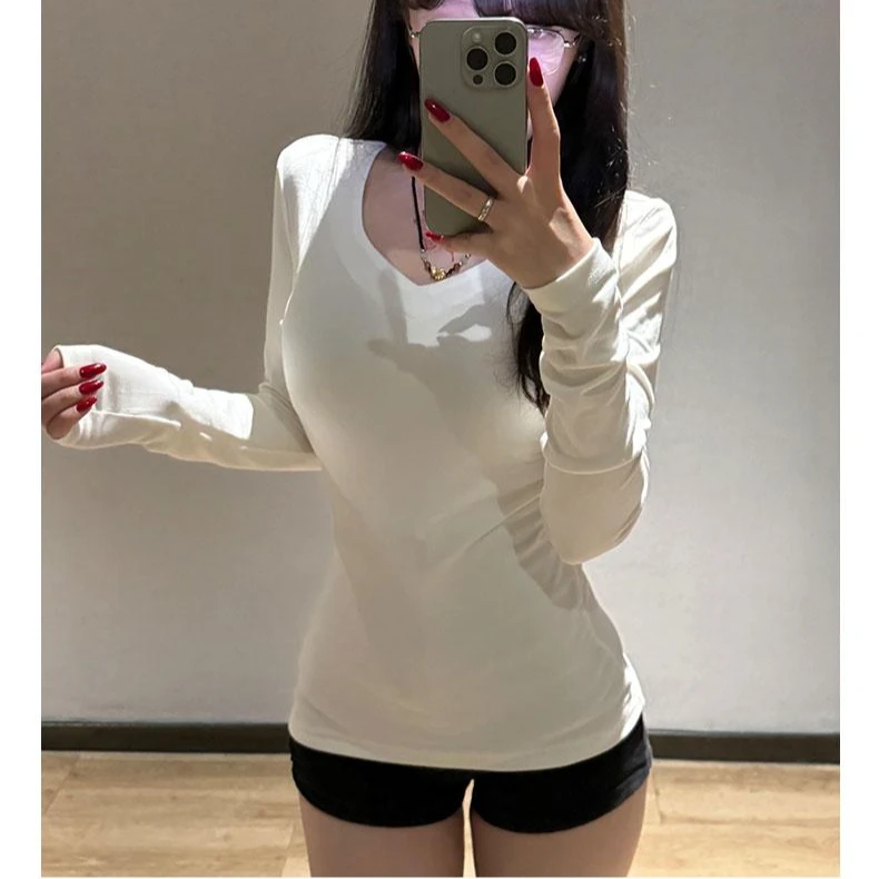 白色V领正肩长袖t恤新款加绒紧身上衣女秋冬季内搭外穿保暖打底衫