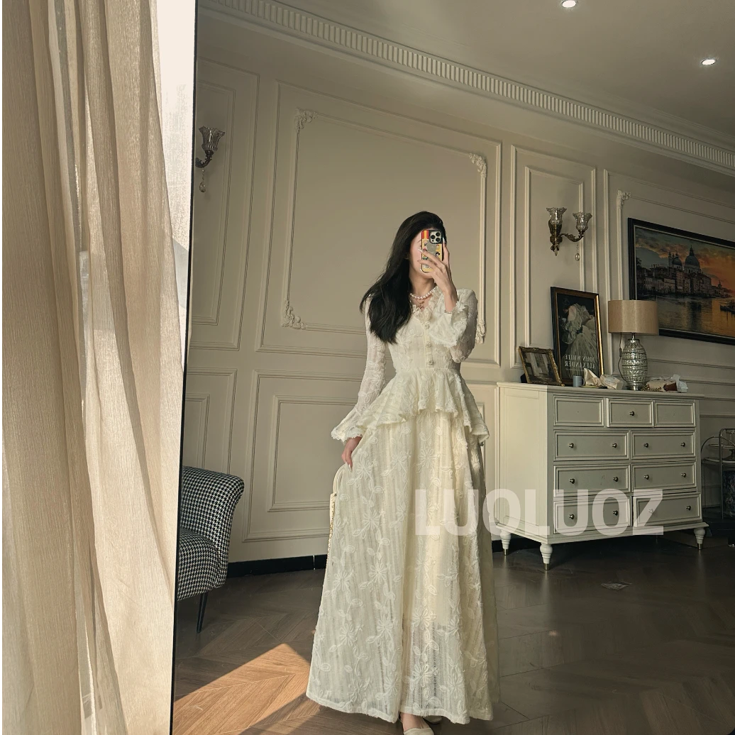 【现货】LUOLUOZ【仙花美人】绝美气质蕾丝拼接收腰长款连衣裙